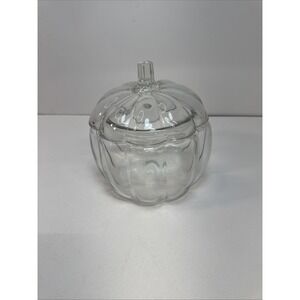 Clear Glass Pumpkin Lidded Candy Dish Cookie Jar Holiday Thanksgiving 7" EUC